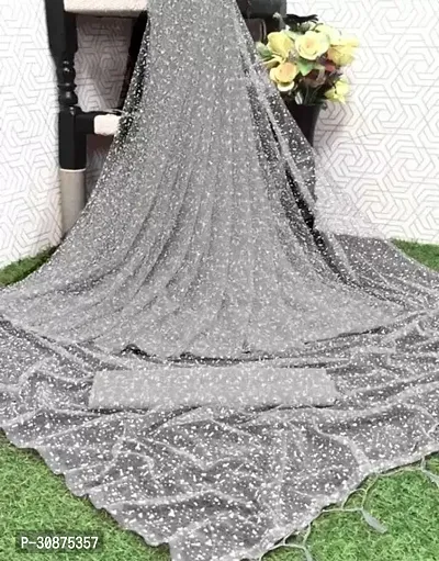 Stylish Net Grey Printed Saree With Blouse Piece For Women-thumb0