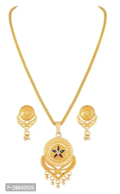 Women Brass Gold Planted Traditional Wear Latest Necklace with Matching Earrings-Pack of 1