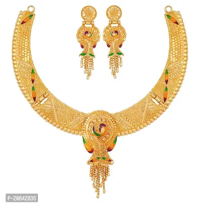 Women Brass Gold Planted Traditional Wear Latest Necklace with Matching Earrings-Pack of 1