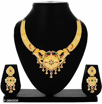 Women Brass Gold Planted Traditional Wear Latest Necklace with Matching Earrings-Pack of 1-thumb2