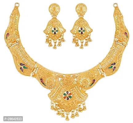 Women Brass Gold Planted Traditional Wear Latest Necklace with Matching Earrings-Pack of 1-thumb0