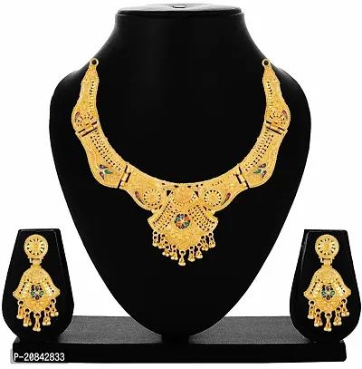 Women Brass Gold Planted Traditional Wear Latest Necklace with Matching Earrings-Pack of 1-thumb2