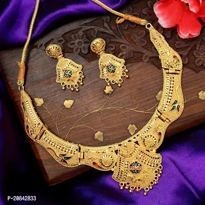 Women Brass Gold Planted Traditional Wear Latest Necklace with Matching Earrings-Pack of 1-thumb3