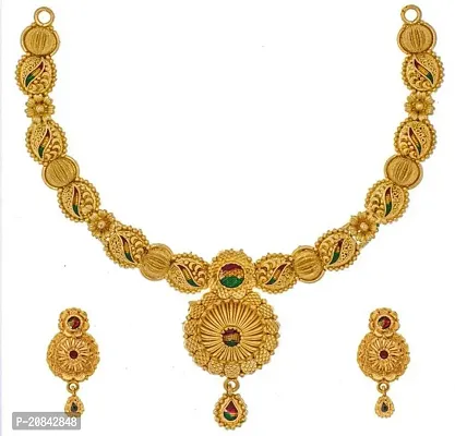 Women Brass Gold Planted Traditional Wear Latest Necklace with Matching Earrings-Pack of 1-thumb0