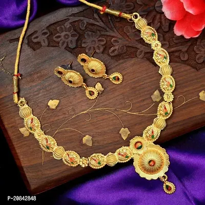 Women Brass Gold Planted Traditional Wear Latest Necklace with Matching Earrings-Pack of 1-thumb3