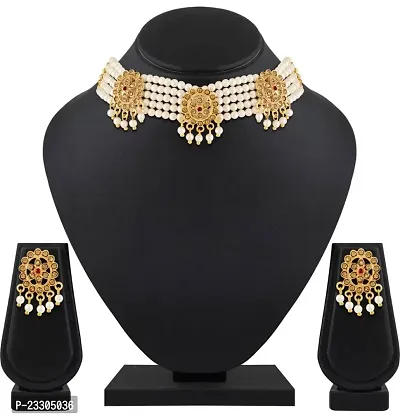 Traditional Alloy Gold Plated Yellow Glorious Moti Mala Necklace  With Earrings set For Women-thumb0