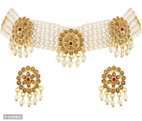 Traditional Alloy Gold Plated Yellow Glorious Moti Mala Necklace  With Earrings set For Women-thumb3