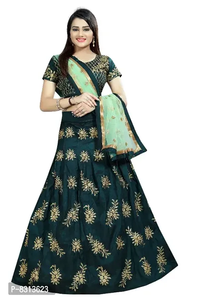 Women Taffeta Satin Semi Stitched Embroidred Green Lehenga Choli With Dupatta set-thumb0