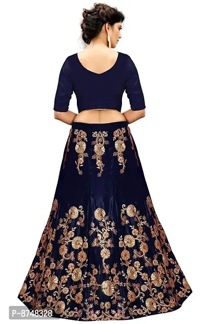 Womens Embroidered Heavy Taffeta Satin Lehenga Choli with Dupatta Piece (Blue, Free Size)-thumb3