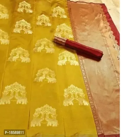 Stylish Yellow Banarasi Silk Saree with Blouse Piece For Women-thumb0