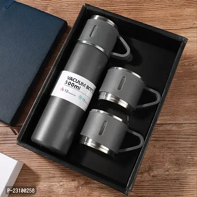 Stainless Steel Vacuum Flask Set with 3 Steel Cups Combo for Hot and Cold Drink Flask Bottle 500ml