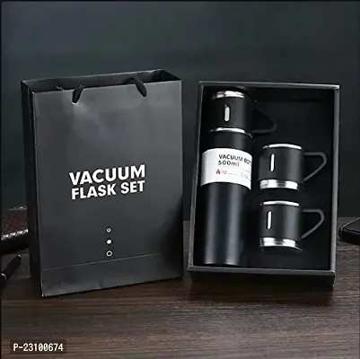 Stainless Steel Vacuum Flask Set with 3 Steel Cups Combo for Coffee Hot Drink and Cold Water Flask Bottle. 500ml - Vacuum Flask (multicolor)-thumb0