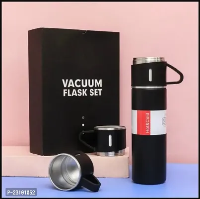 Stainless Steel Vacuum Flask Set with 3 Steel Cups Combo for Hot and Cold Drink Flask Bottle 500ml-thumb0