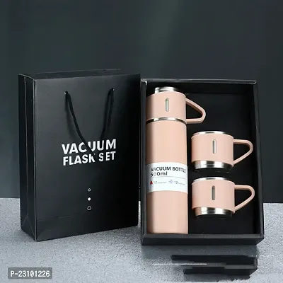 Stainless Steel Thermo 500ml Vacuum Insulated Bottle Water Flask Gift Set with Two Cups Hot  Cold | Assorted Color | Diwali Gifts for Employees | Corporate Gift Items (MULTICOLORED)-thumb0
