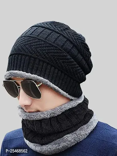 Wool Unisex Beanie Cap with Neck Warmer Set Knit Hat Thick Fleece Lined Winter Cap for Men  Women(MULTICOLOR)-thumb0