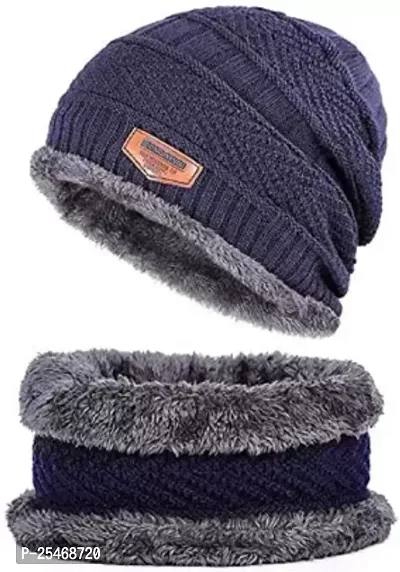 New Latest Winter Knit Thick Fleece Woolen Combo of Beanie Cap Hat and Faux Fur Lining Wool Neck Muffler Scarf in Black for All Girls Boys Men Women(Multicolor)