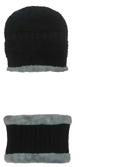 Solid Latest Stylish Winter Woolen Beanie Cap Scarf set (Fur Inside) cap for men and women Stretch Warm Winter Cap(Black)