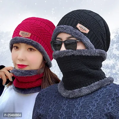 Winter Woolen Beanie Cap Scarf set (Fur Inside) cap for men and women Stretch Warm Winter Cap