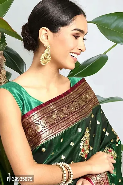 Stylish Satin Dark Green Self Pattern Saree With Blouse Piece For Women-thumb5