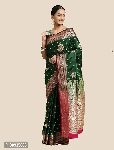 Stylish Satin Dark Green Self Pattern Saree With Blouse Piece For Women