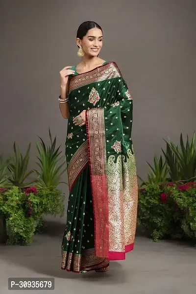 Stylish Satin Dark Green Self Pattern Saree With Blouse Piece For Women-thumb0