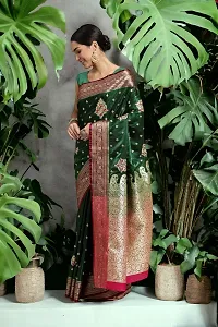 Stylish Satin Dark Green Self Pattern Saree With Blouse Piece For Women-thumb3