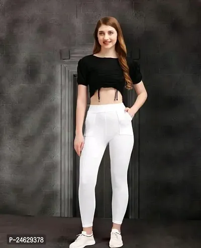 Stylish White Cotton Blend Solid Jeggings For Women-thumb0