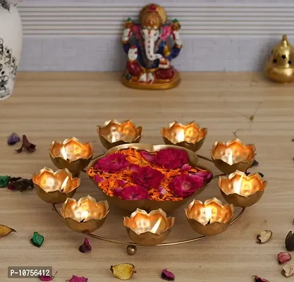 Premium 9 Lotus Diya Shape Urli Bowl For Home And Pooja Decorations (11 Inches,Gold)-thumb0