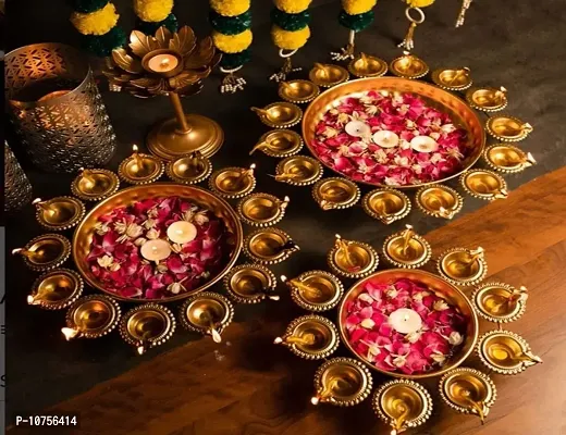 Beautiful Lotus Design Metal Diya Urli For Home Diwali Decor (Set Of 3)-thumb0