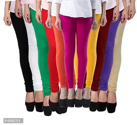 Fablab Women's Churidar Leggings, Cotton Lycra, Combo Pack of 10_(Freesize, Black,White,Green,Red,Orange,Pink,Yellow,Maroon,Purple,Beige.)