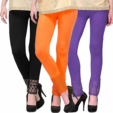 Fablab Women's Leggings with Lace at Bottom(LACE-LEGGI-3-B,O,Pu, Black,Orange,Purple, Fit to Waist Size BTW.26 inch to 32Inch)