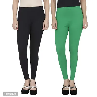 Fablab Women's Ankle Length Leggings Combo Pack of 2 (ALL-2-Black,LightGreen,Fit to Waist Size BTW.28 inch to 34 inch)-thumb0