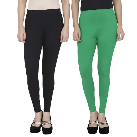 Fablab Women's Ankle Length Leggings Combo Pack of 2 (ALL-2-Black,LightGreen,Fit to Waist Size BTW.28 inch to 34 inch)