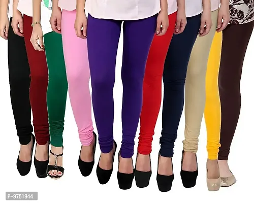 Fablab Women's Churidar Leggings, Cotton Lycra, Combo Pack of 10_(Freesize, Black,Maroon,Green,Lightpink,Blue,Red,Nevyblue,Beige,Yellow,Brown.)