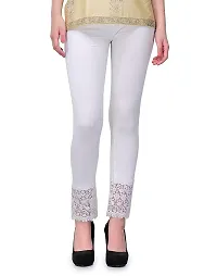 Fablab Women?s Cotton Lycra Premium Leggings with lace Bottom Combo Pack of 2 (LACELEGGI2WO, White,Orange,Freesize)-thumb4