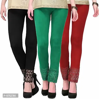 Fablab Women's Leggings with Lace at Bottom(LACE-LEGGI-3-B,Dg,M, Black,DarkGreen,Maroon, Fit to Waist Size BTW.26 inch to 32Inch)