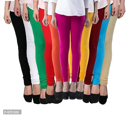 Fablab Women's Ladies/Girls/Cotton Lycra Churidar Leggings Combo Pack of 10 (Freesize,Black,White,Green,Red,Orange,Pink,Yellow,Maroon,SkyBlue,Beige).