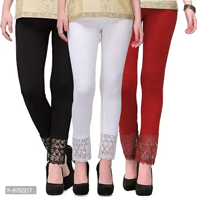 Fablab Women?s Viscose Lycra Slim fit Bottom Lace Leggings Combo Pack of 3 (LACELEGGI-3-BWM,Black,White,Maroon,Freesize)