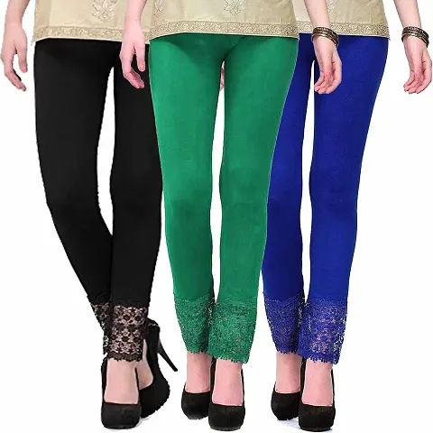 Fablab Lace Leggings for Women(LACE-LEGGI-3-B,Dg,Bl, Black,DarkGreen,Blue, Fit to Waist Size BTW.26 inch to 32Inch)