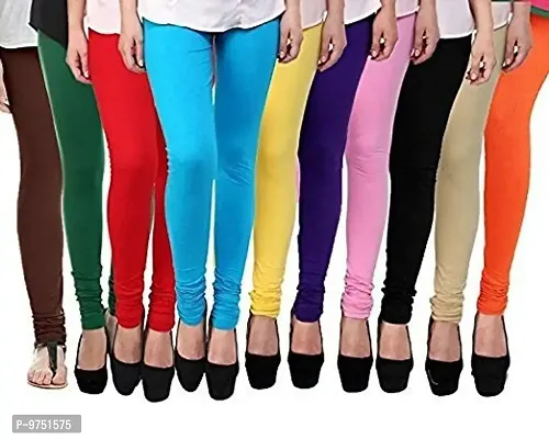 Fablab Women?s Cotton Lycra Churidar Leggings Combo Pack of-10-Fits to Waist Size-26inch-34inch (Free Size, Brown,DarkGreen,Red,SkyBlue,Yellow,Blue,Lightpink,Black,Beige,Orange).