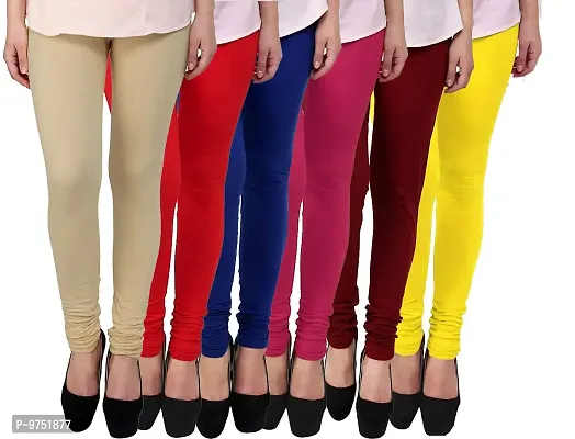 Fablab Cotton Lycra Churidar Leggings Combo Pack of 6(LEGGI160-6-7BeRBlPMY_BeigeRedBluePinkMaroonYellow_Free Size)