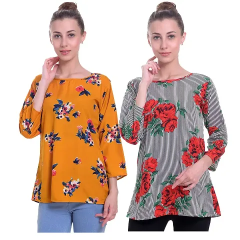 Fablab Women's Floral Regular Fit 3/4 Sleeve Top Pack of 2