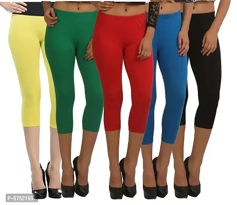 Fablab Capri Leggings 3/4th Pants for Girls|Ladies| Women (Capri_CLS_190-5-24YGRBlB,Free Size,YellowGreenRedBlueBlack) Combo Pack of-5.