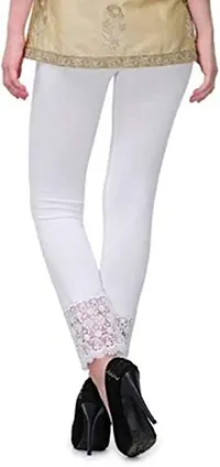 Fablab Women?s Cotton Lycra Premium Leggings with lace Bottom Combo Pack of 2 (LACELEGGI2WO, White,Orange,Freesize)-thumb1