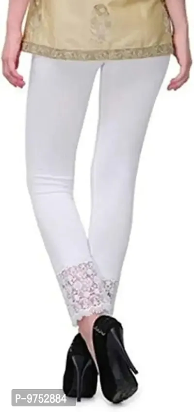 Fablab Women?s Cotton Lycra Premium Leggings with lace Bottom Combo Pack of 2 (LACELEGGI2WO, White,Orange,Freesize)-thumb2