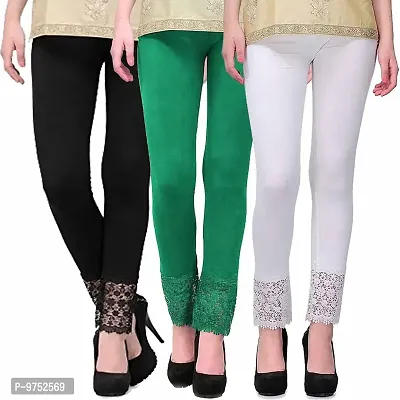 Fablab Leggings with lace Design(LACE-LEGGI-3-B,Dg,W, Black,DarkGreen,White, Fit to Waist Size BTW.26 inch to 32Inch)