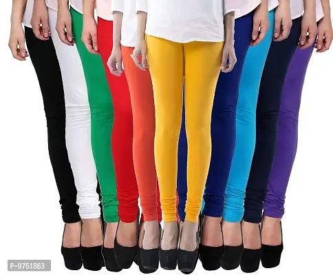 Fablab Women's Churidar Leggings, Cotton Lycra, Combo Pack of 10_(Freesize, Black,White,Green,Red,Orange,Yellow,Blue,SkyBlue,Navyblue,Purple.)-thumb0