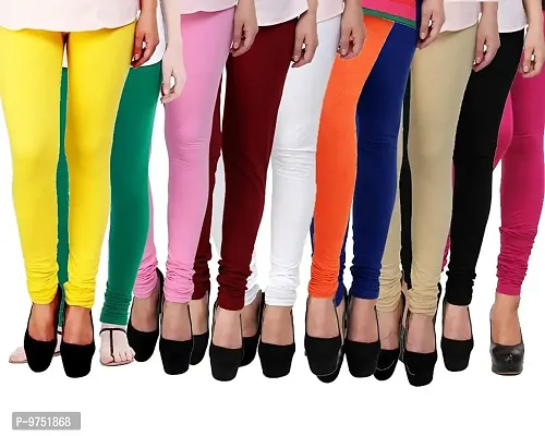 Fablab Women's Churidar Leggings,Cotton Lycra,Combo Pack of 10_(Freesize,Yellow,Green,BabyPinkMaroon,White,Orange,Blue,Beige,Black,Pink.)