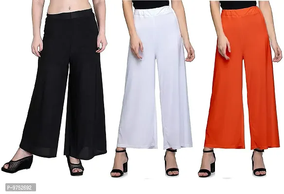 Fablab Women's Casual Wear Malai Lycra Pant Palazzo (Black, White, Orange; Free Size) - Combo Pack of 3