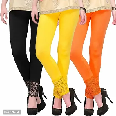 Fablab Women's Designer Bottom Lace Leggings Combo Pack of 3(LACE-LEGGI-3-B,Y,O, Black, Yellow,Orange, Fit to Waist Size BTW.26 inch to 32Inch)